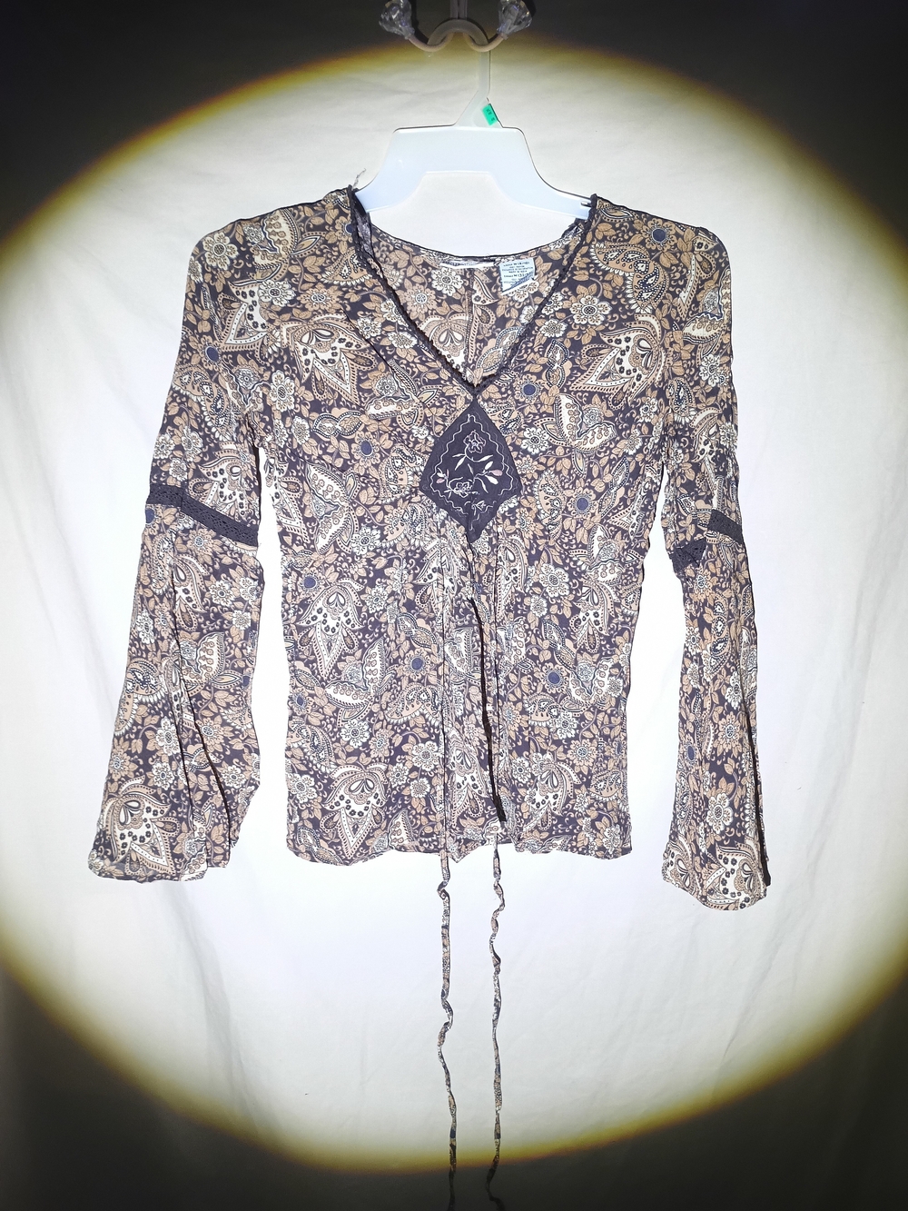 Vintage Faded Glory Boho Paisley Bell Sleeve Peasant Blouse Brown Rayon Size M